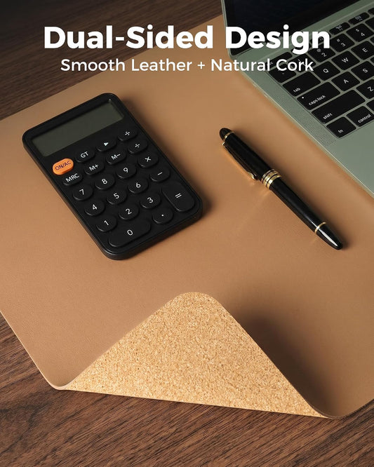 Dual-Sided Desk Pad - Leather Desk Mat, Natural Cork Desk Pad Protector, Large Mouse Pad for Desk, Waterproof Desk Blotter Pad, Desk Writing Pad for Office Work/Home, Apricot(25.6"X13.7")