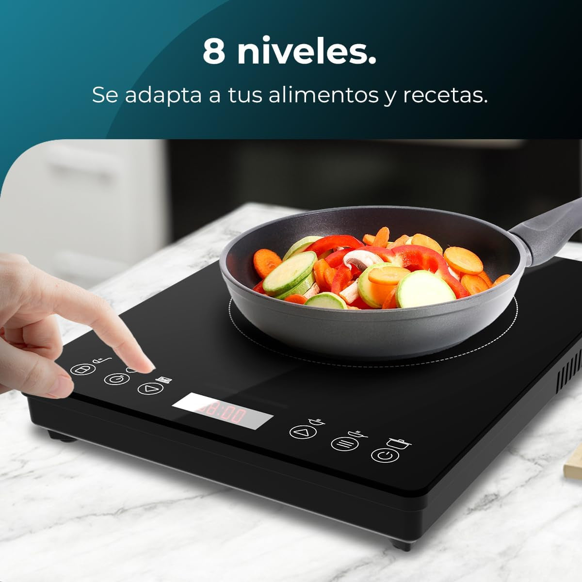 Cecotec Placa De Inducción Portátil 1 Fuego Full Magma Slim. 2000W De Potencia En 8 Niveles, Diseño En Cristal De Alta Resistencia, Display Táctil, Temporizador, Fácil Limpieza