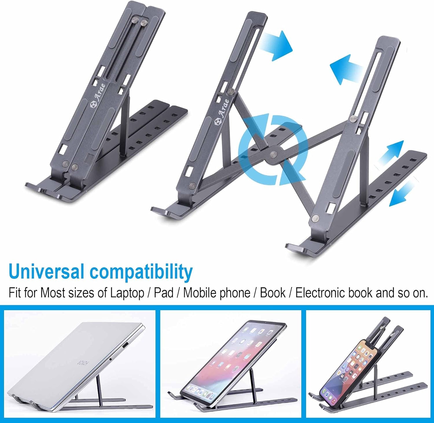 Laptop Stand for Desk, Adjustable Portable Laptop Riser, Aluminum Foldable Ergonomic Computer Stand, Ventilated Cooling Laptop Holder for 9-15.6’’ Laptops Tablet, Silver