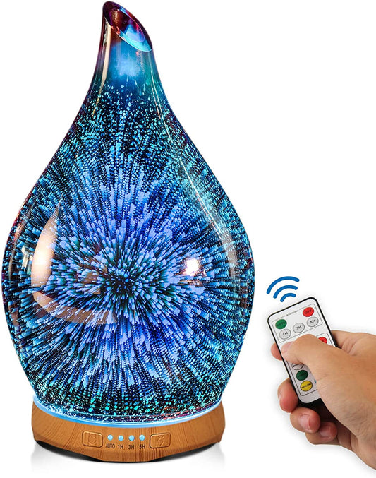 280Ml Essential Oil Diffuser Hand-Blown Glass with Remote, Aromatherapy Unltrasonic Cool Mist Deffuser, 7 Color Changing, Waterless Shut-Off, Timer Function for Home Office(Silver)