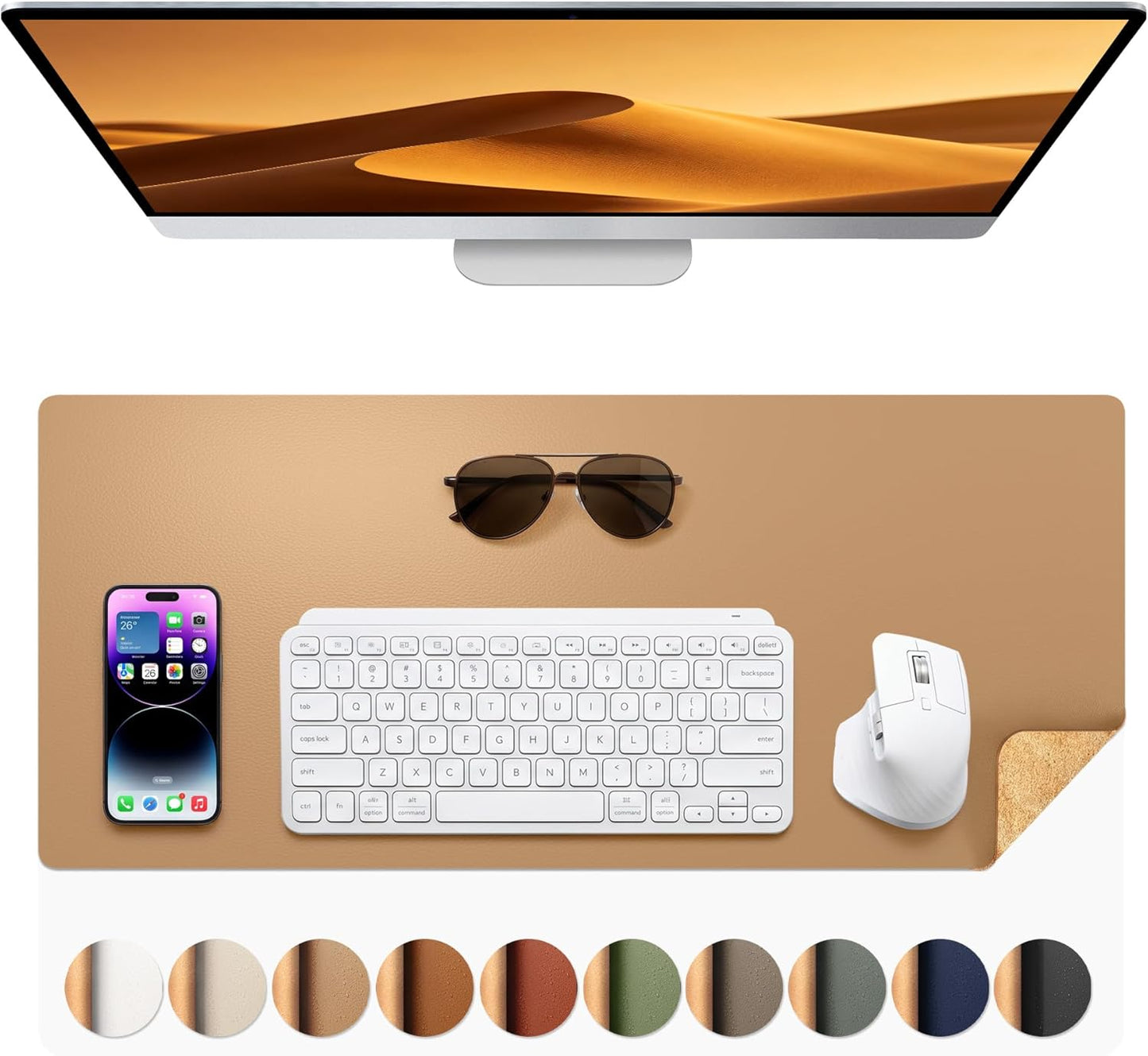 Dual-Sided Desk Pad - Leather Desk Mat, Natural Cork Desk Pad Protector, Large Mouse Pad for Desk, Waterproof Desk Blotter Pad, Desk Writing Pad for Office Work/Home, Apricot(25.6"X13.7")