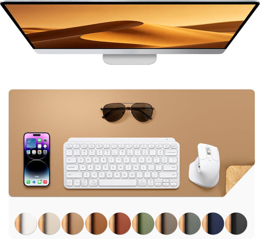 Dual-Sided Desk Pad - Leather Desk Mat, Natural Cork Desk Pad Protector, Large Mouse Pad for Desk, Waterproof Desk Blotter Pad, Desk Writing Pad for Office Work/Home, Apricot(25.6"X13.7")