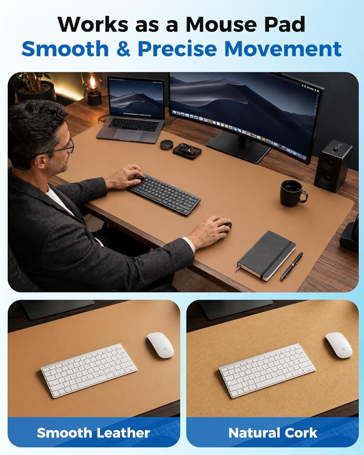 Dual-Sided Desk Pad - Leather Desk Mat, Natural Cork Desk Pad Protector, Large Mouse Pad for Desk, Waterproof Desk Blotter Pad, Desk Writing Pad for Office Work/Home, Apricot(25.6"X13.7")