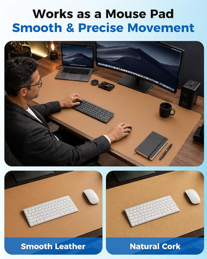 Dual-Sided Desk Pad - Leather Desk Mat, Natural Cork Desk Pad Protector, Large Mouse Pad for Desk, Waterproof Desk Blotter Pad, Desk Writing Pad for Office Work/Home, Apricot(25.6"X13.7")