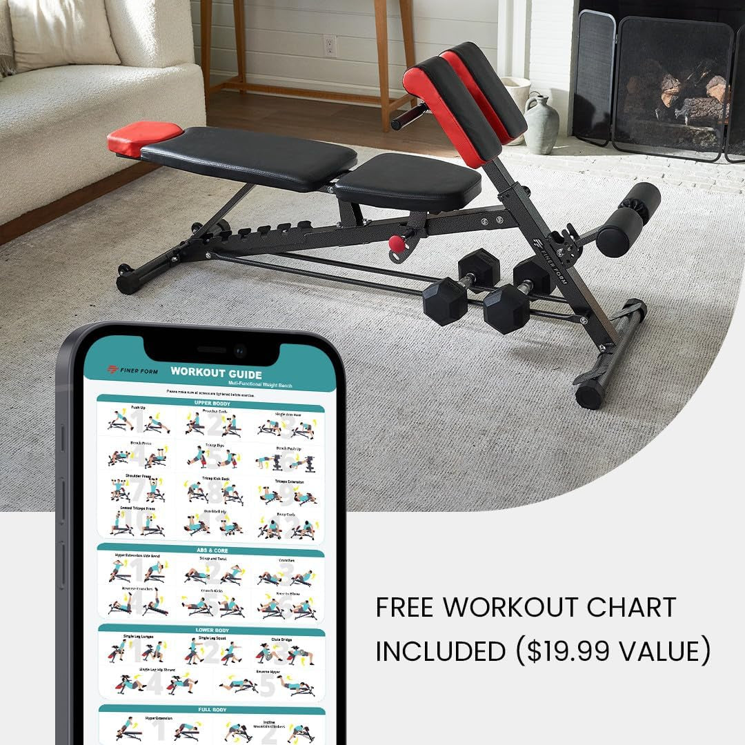 Finer Form Multi-Functional FID Weight Bench for Full All-In-One Body Workout – Hyper Back Extension, Roman Chair, Adjustable Ab Sit up Bench, Incline Decline Bench, Flat Bench