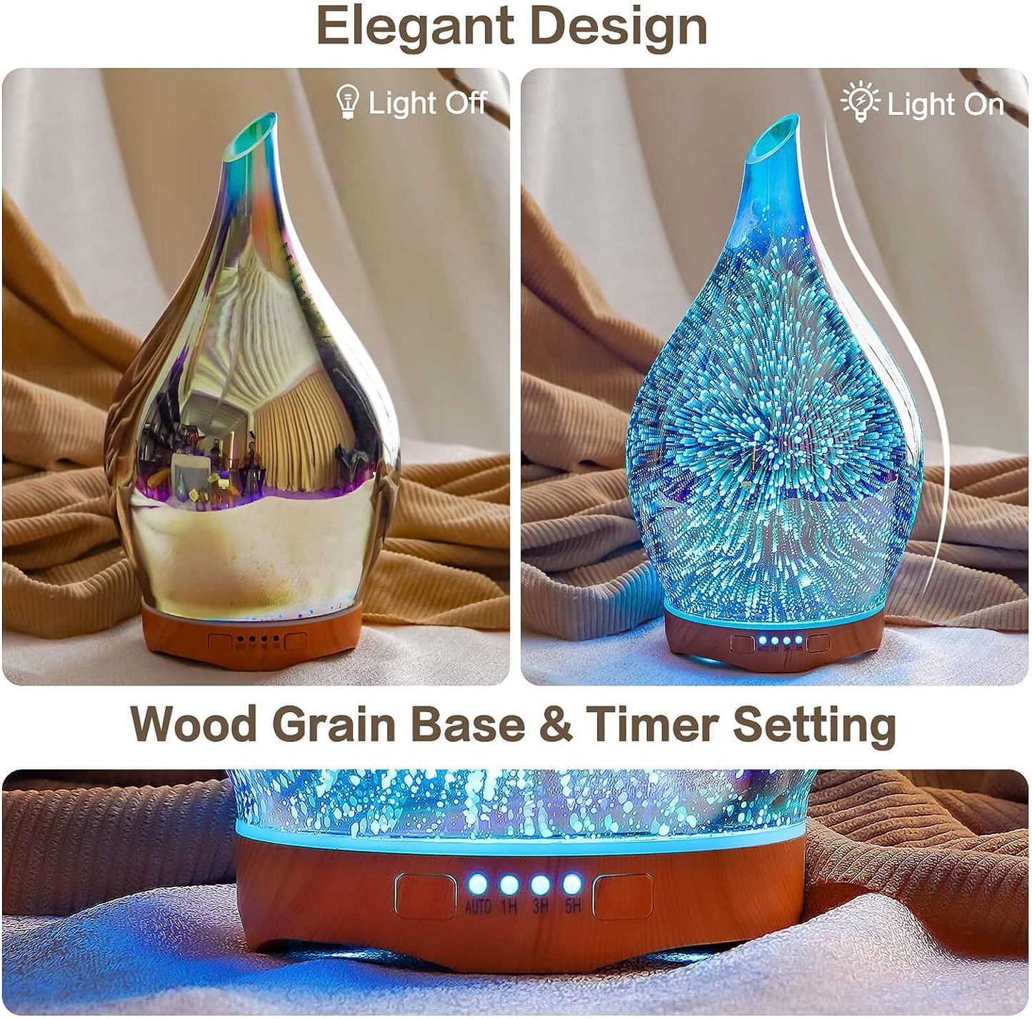 280Ml Essential Oil Diffuser Hand-Blown Glass with Remote, Aromatherapy Unltrasonic Cool Mist Deffuser, 7 Color Changing, Waterless Shut-Off, Timer Function for Home Office(Silver)