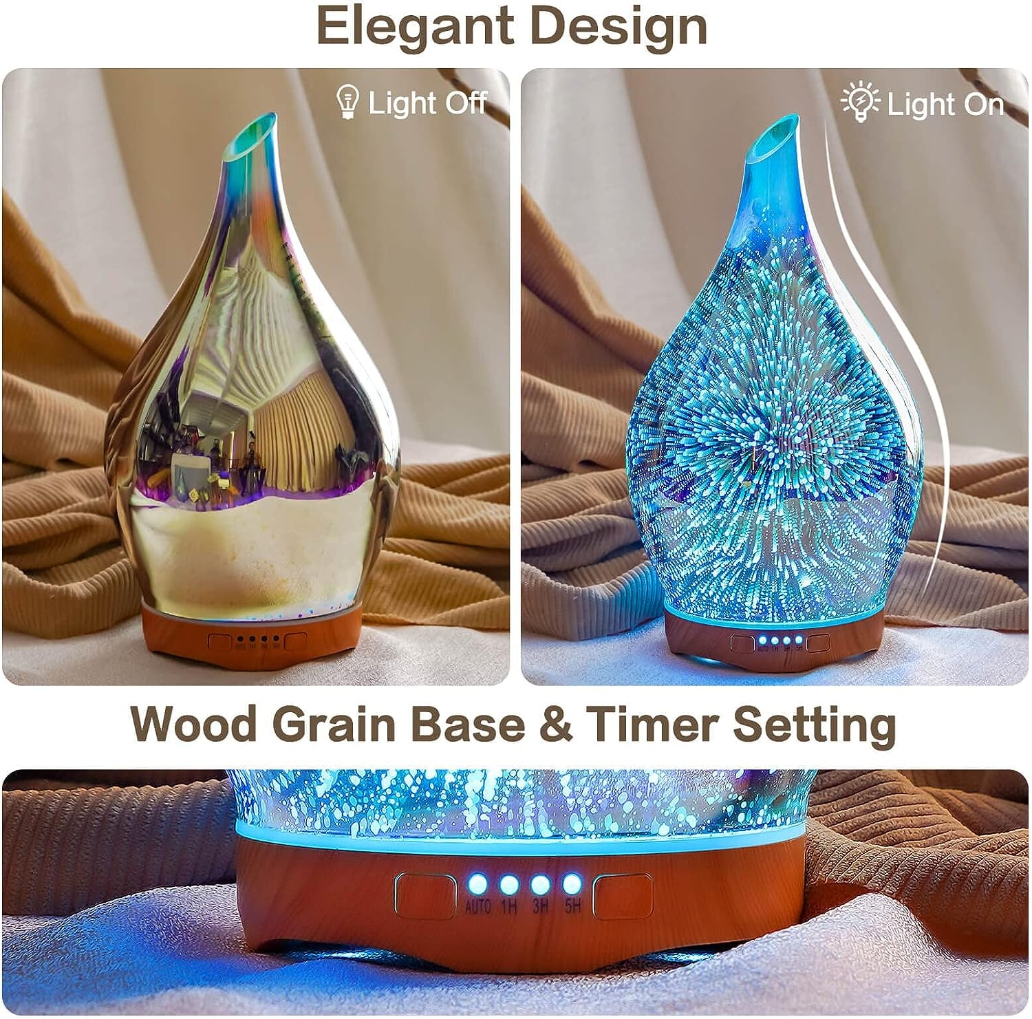 280Ml Essential Oil Diffuser Hand-Blown Glass with Remote, Aromatherapy Unltrasonic Cool Mist Deffuser, 7 Color Changing, Waterless Shut-Off, Timer Function for Home Office(Silver)