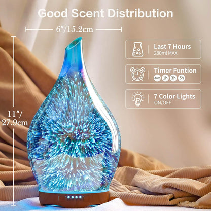 280Ml Essential Oil Diffuser Hand-Blown Glass with Remote, Aromatherapy Unltrasonic Cool Mist Deffuser, 7 Color Changing, Waterless Shut-Off, Timer Function for Home Office(Silver)