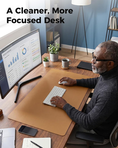 Dual-Sided Desk Pad - Leather Desk Mat, Natural Cork Desk Pad Protector, Large Mouse Pad for Desk, Waterproof Desk Blotter Pad, Desk Writing Pad for Office Work/Home, Apricot(25.6"X13.7")