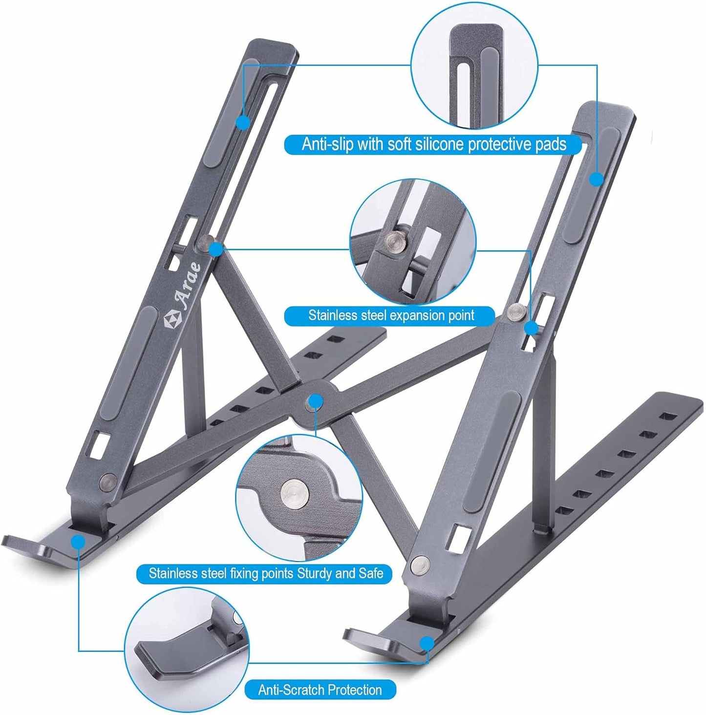 Laptop Stand for Desk, Adjustable Portable Laptop Riser, Aluminum Foldable Ergonomic Computer Stand, Ventilated Cooling Laptop Holder for 9-15.6’’ Laptops Tablet, Silver
